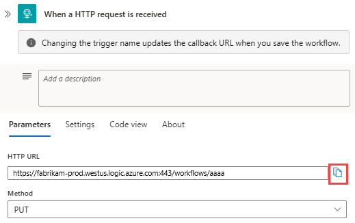 Screenshot showing Consumption workflow, Request trigger, and URL copy button selected.