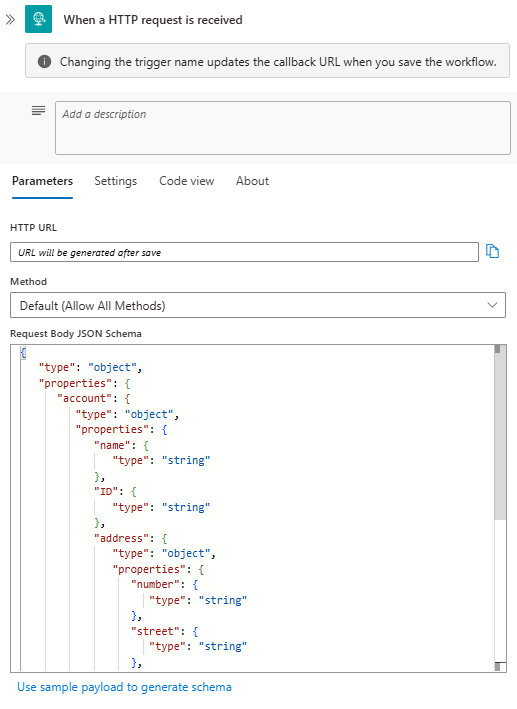 Screenshot showing Consumption workflow and Request trigger with example JSON schema.