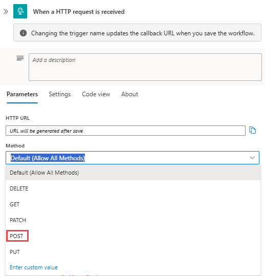 Screenshot showing Standard workflow, Request trigger, and the Method list opened with a method selected.