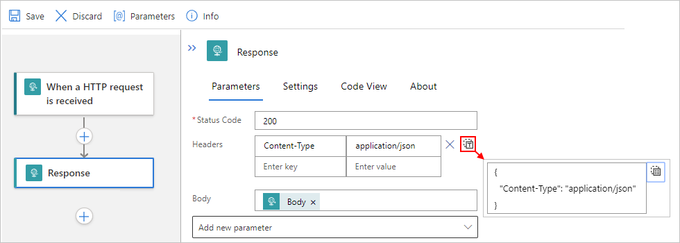Screenshot showing Azure portal, Standard workflow, and Response action headers in Switch to text view.