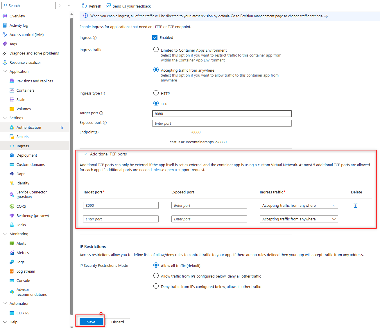 Screenshot of adding additional TCP ports for Container Apps ingress through the portal.