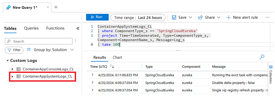 Screenshot of the Log Analytics Java component logs.