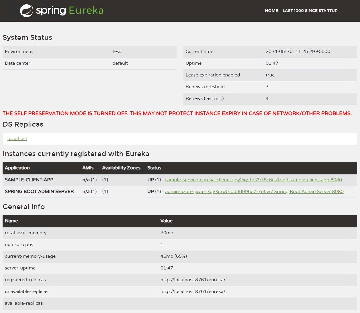 Screenshot of the Eureka Server for Spring dashboard.