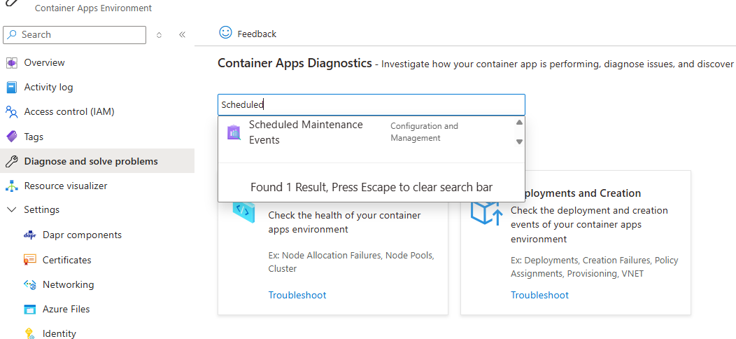 Screenshot of an Azure Container Apps diagnostics scheduled maintenance search.