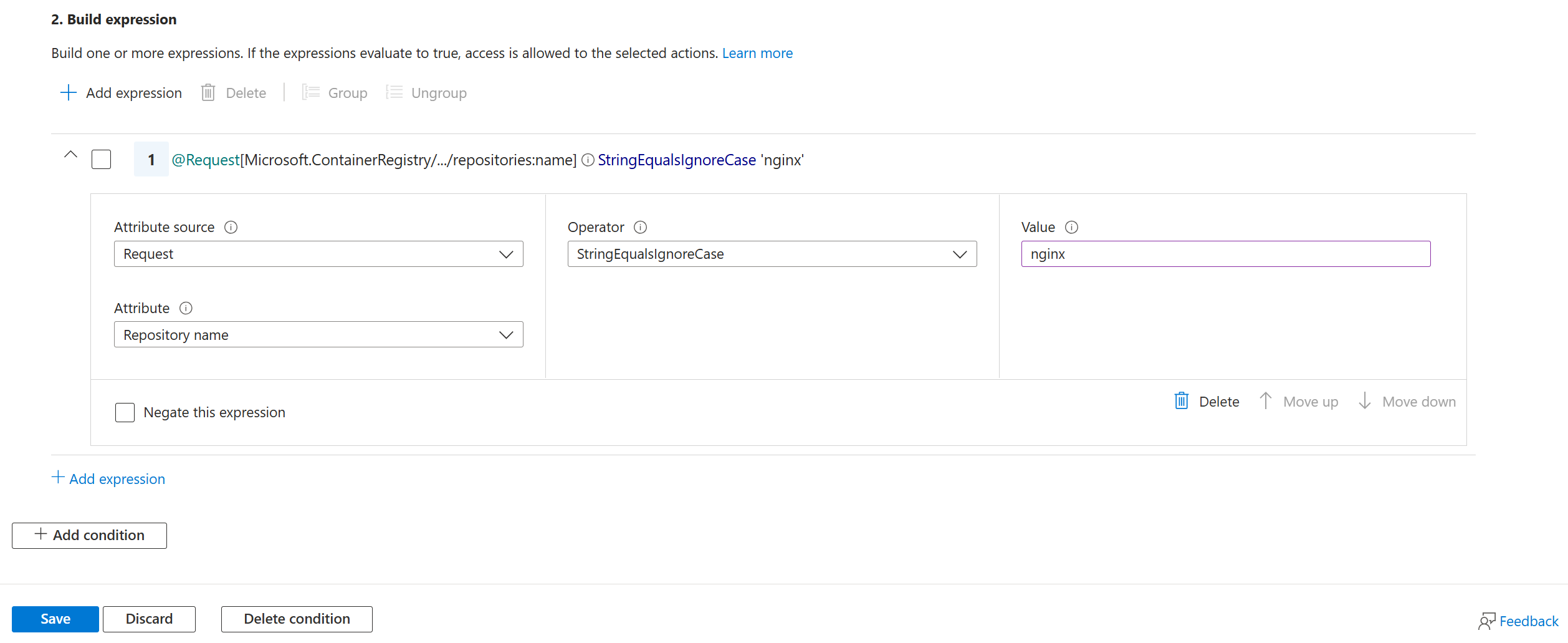 Screenshot of configuring expression to scope the ABAC condition to a specific repository.