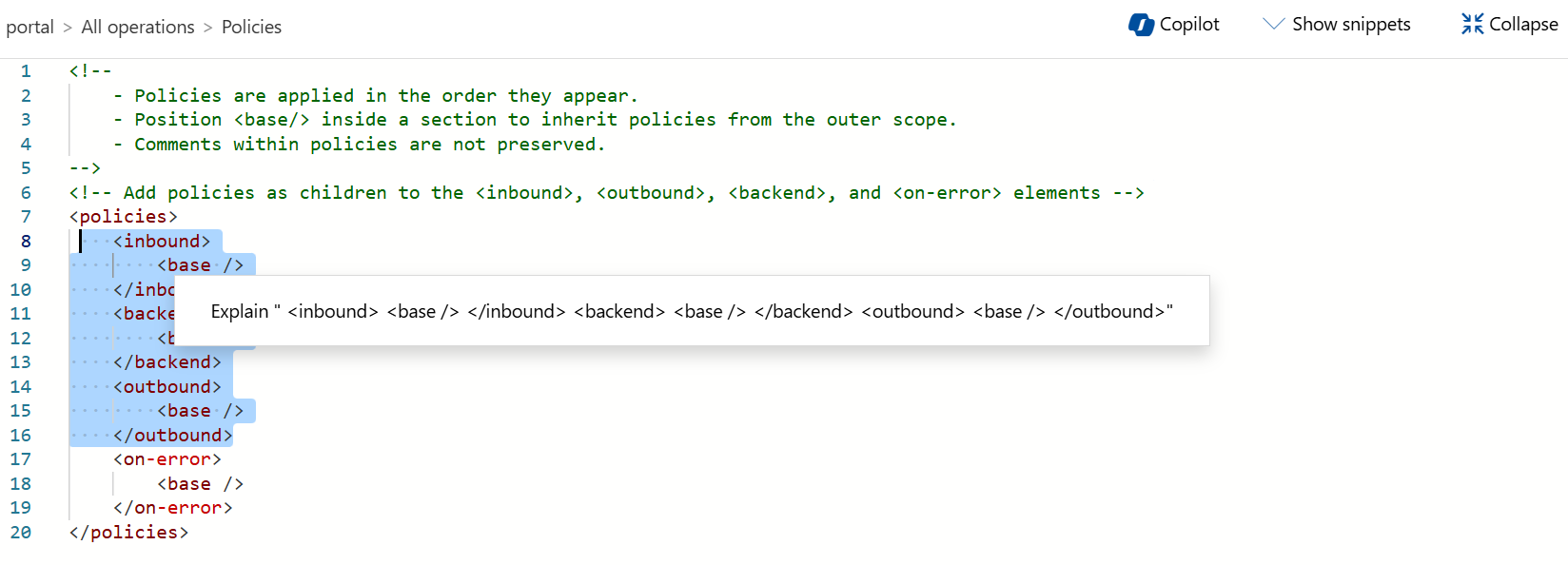 Screenshot of right-clicking a section of an API Management policy to get an explanation from Microsoft Copilot in Azure .