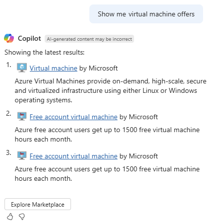 Screenshot of Microsoft Copilot in Azure providing options for virtual machine offers in Azure Marketplace.