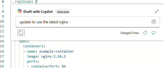Screenshot of a request for Microsoft Copilot in Azure to update an AKS YAML file.