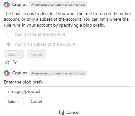 Screenshot of Microsoft Copilot in Azure confirming where to run a new lifecycle management rule.