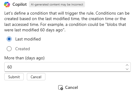 Screenshot of Microsoft Copilot in Azure confirming the action and condition for a storage account lifecycle management rule.