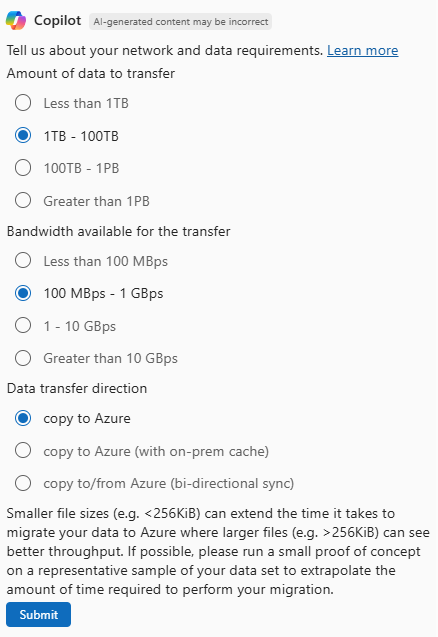 Screenshot of Copilot in Azure asking about network and data requirements for a migration scenario.