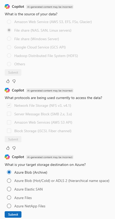 Screenshot of Copilot in Azure asking follow-up questions about a data migration scenario.