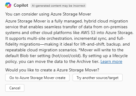 Screenshot of Copilot in Azure providing a migration recommendation.