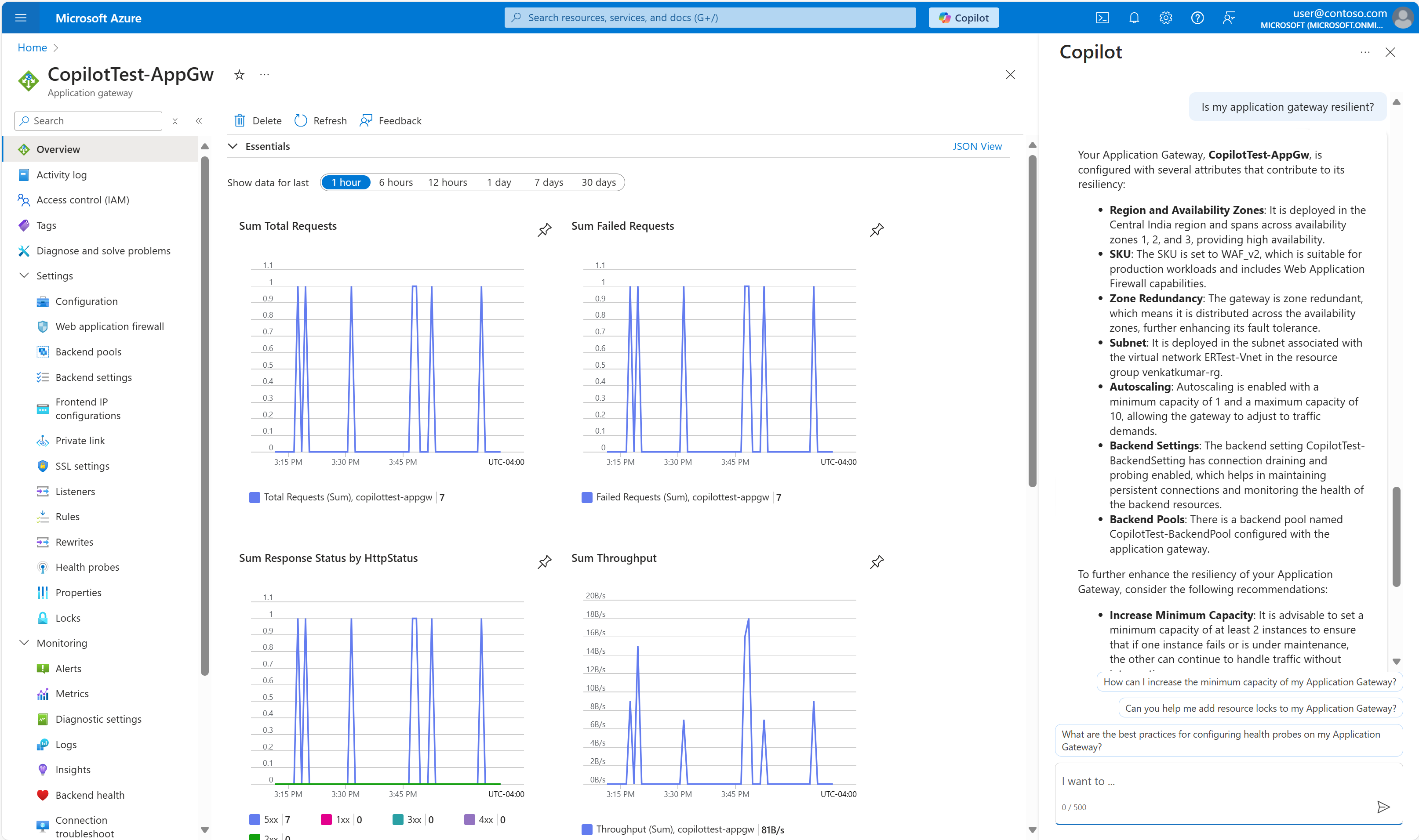 Screenshot of Copilot in Azure analyzing the resiliency of an Azure Application Gateway.