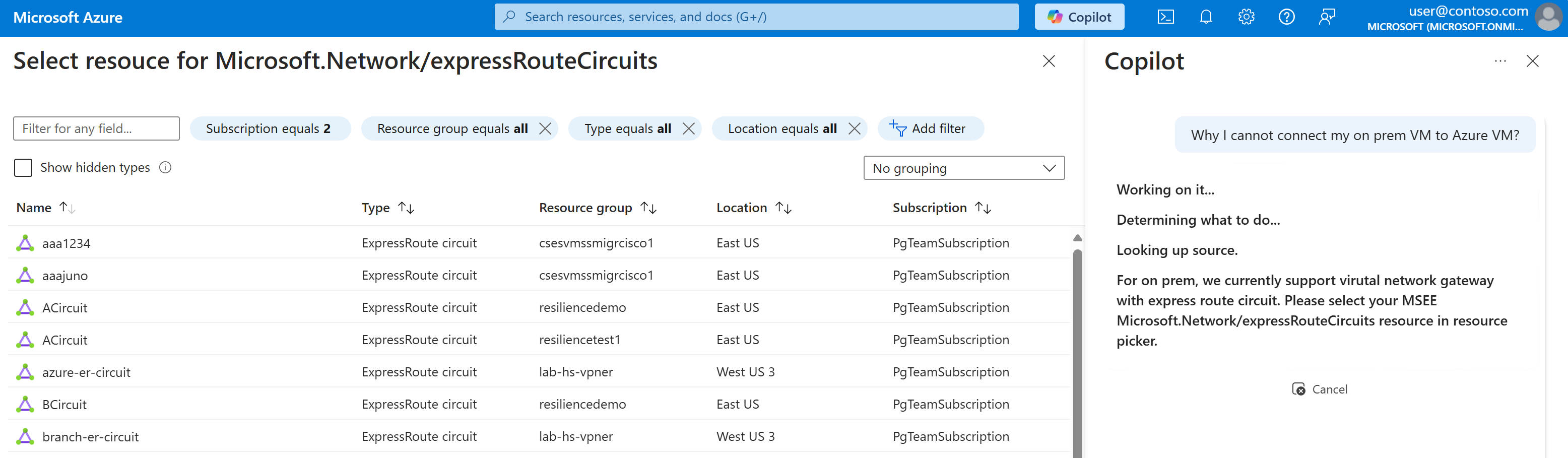 Screenshot of Copilot in Azure prompting to select the ExpressRoute circuit to a VM.