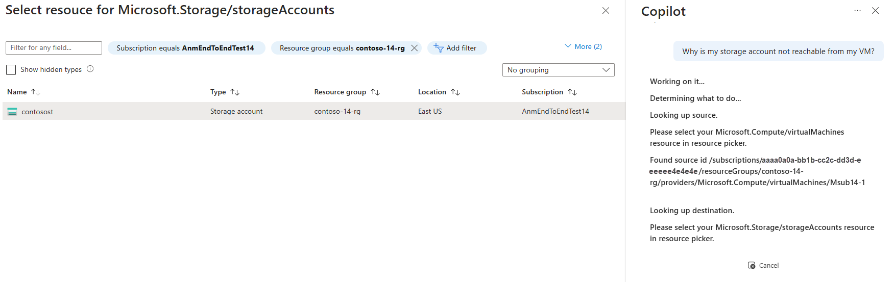 Screenshot showing Copilot in Azure prompting to select the storage account for connectivity troubleshooting.