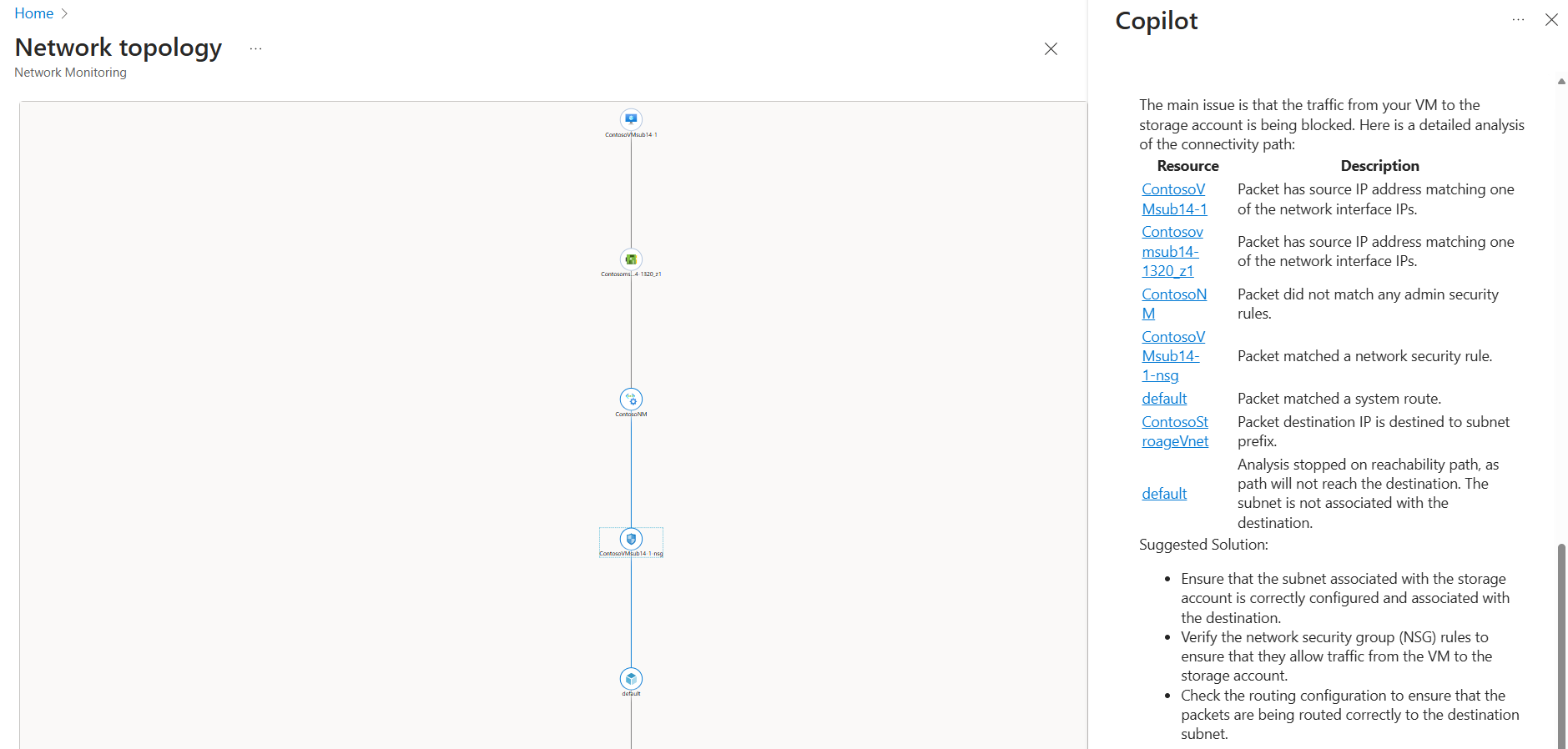 Screenshot showing Copilot in Azure analyzing the path and identifying issues impacting the connectivity to the storage account.