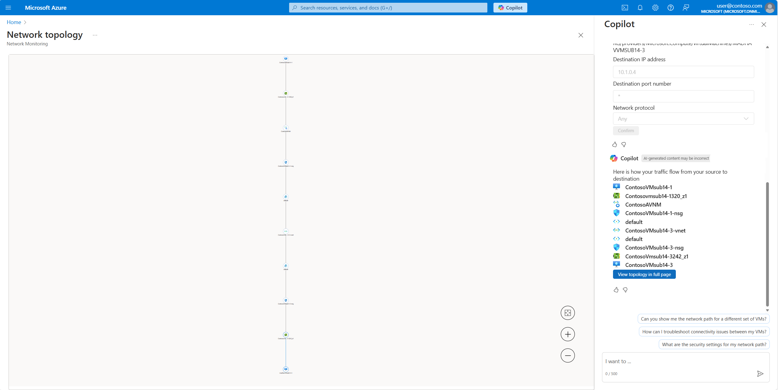 Screenshot showing Copilot in Azure displaying the path your traffic takes from the source VM to the destination VM, including all traversed network services.