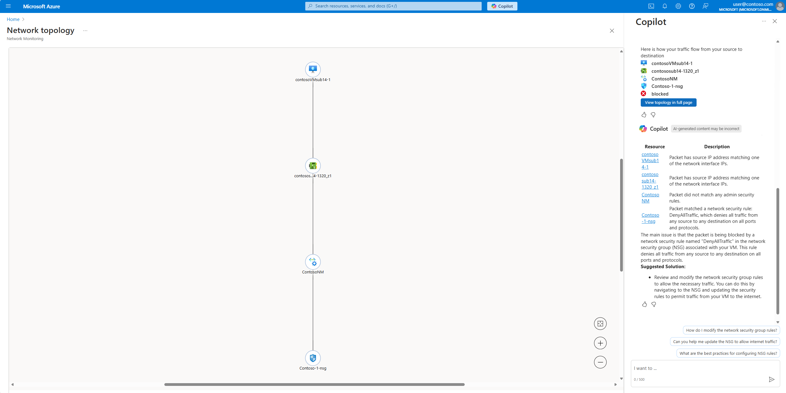 Screenshot of Copilot in Azure analyzing the path and identifying issues impacting the internet connectivity.