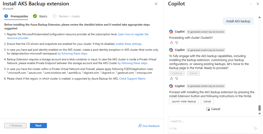 Screenshot showing Microsoft Copilot in Azure starting the backup extension install process for an AKS cluster.