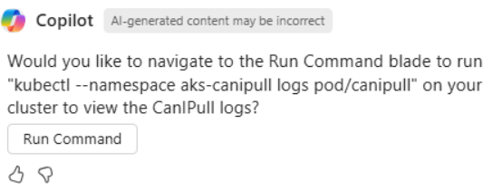Screenshot showing Copilot in Azure prompting to open the Run Command pane.