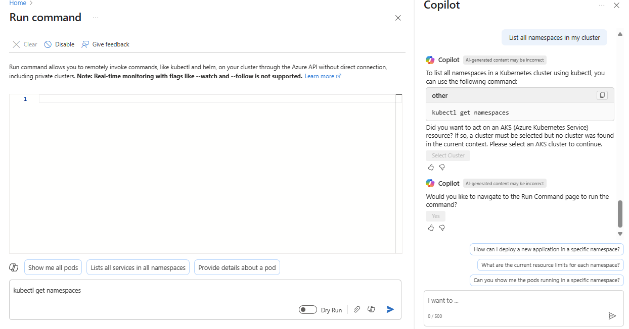 Screenshot of a prompt for Microsoft Copilot in Azure to run a kubectl command.