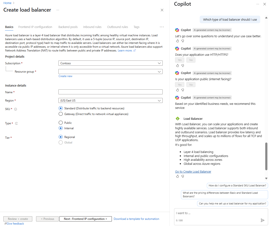 Screenshot of Copilot in Azure asking questions about a scenario and providing load balancer recommendations.
