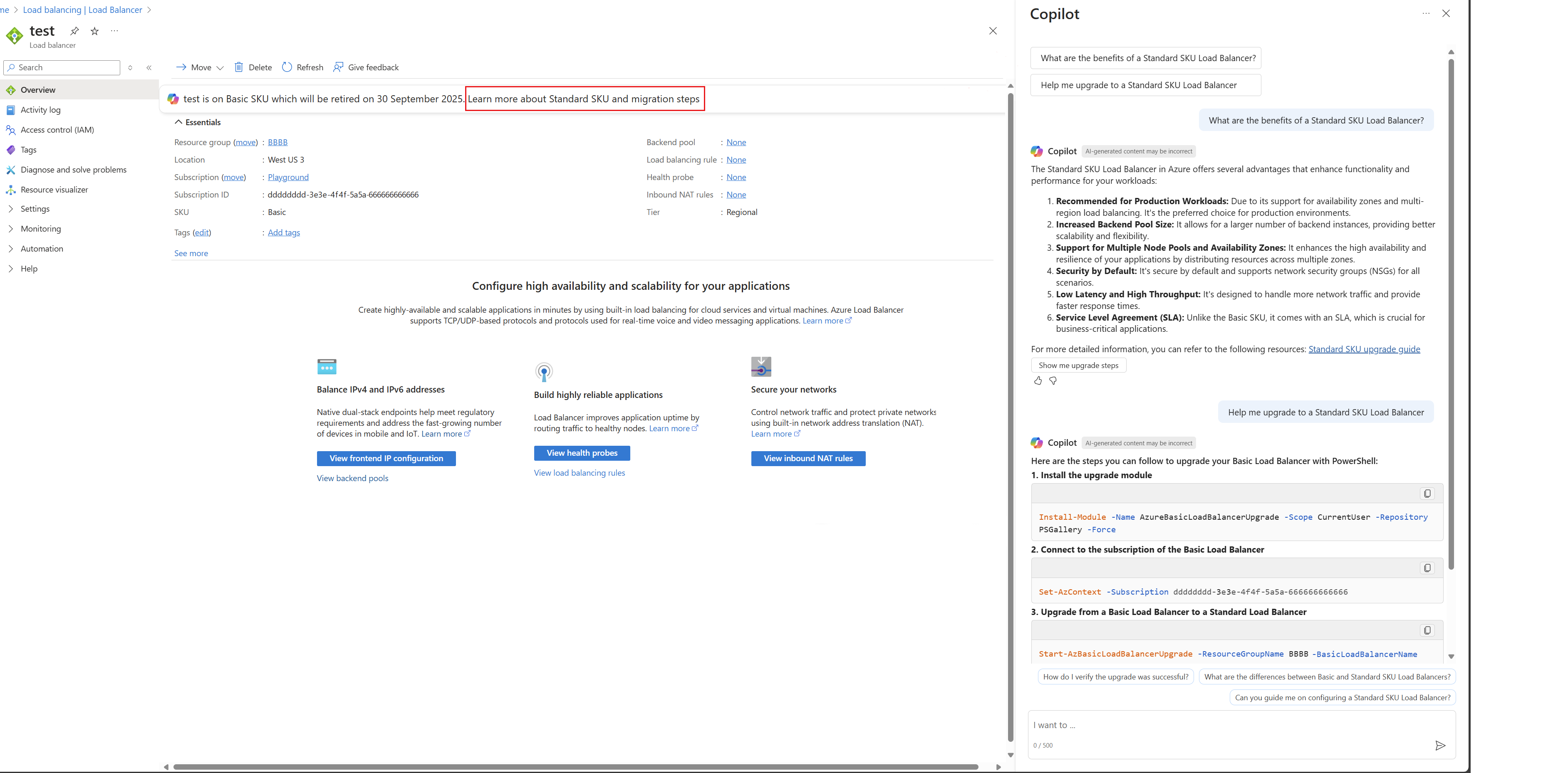Screenshot of Copilot in Azure providing assistance to upgrade to Standard Load Balancer.
