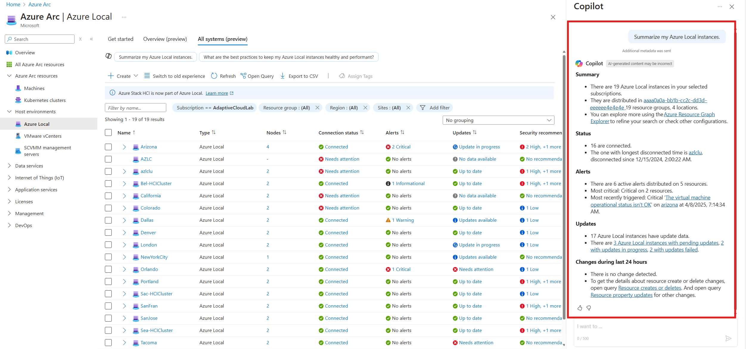 Screenshot showing Microsoft Copilot in Azure summarizing Azure Local instances.