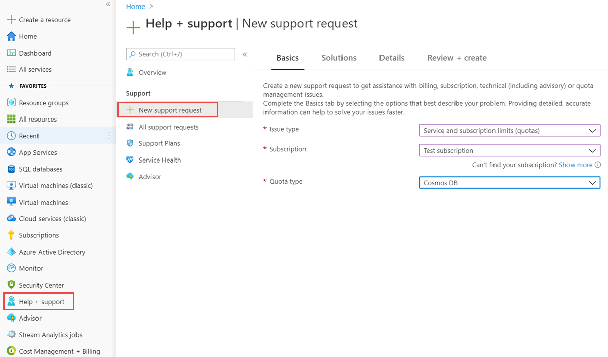 Screenshot that shows a new support request to increase quota.