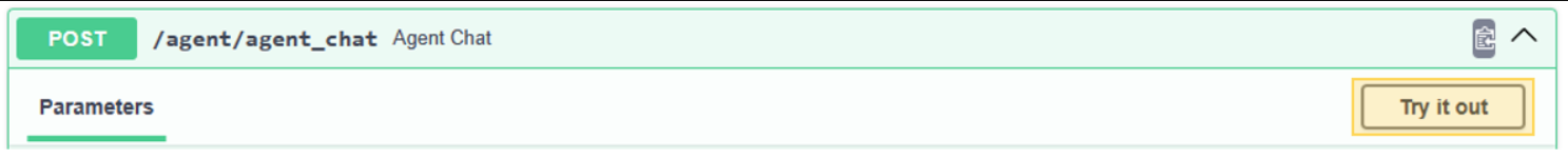 Screenshot of the use of the Agent Chat method in Python FastAPI, with the button for trying it out.