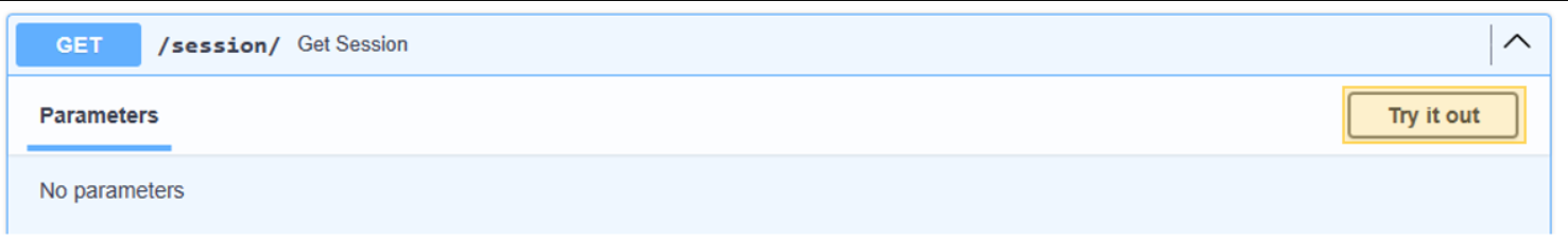Screenshot of the use of the Get Session method in Python FastAPI, with the button for trying it out.
