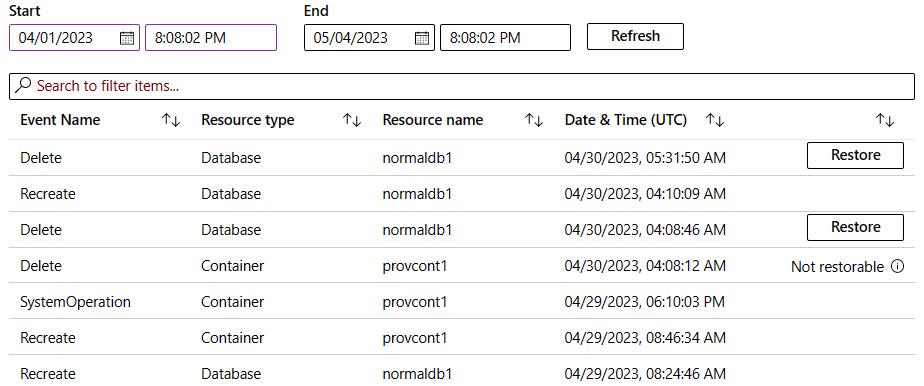 Screenshot of the start and end date filters further filtering down deletion events.