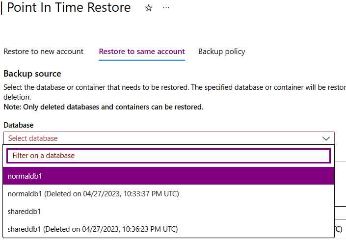 Screenshot of the event filter showing deletion events for containers and databases.