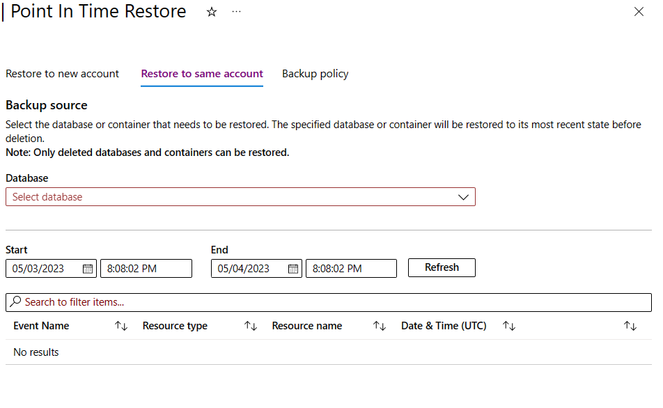 Screenshot of the options to restore a database or container to the same account.
