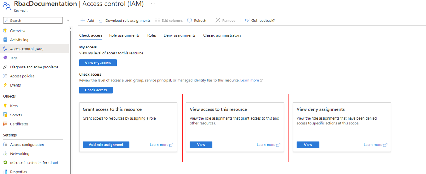 Screenshot of the View access to resource option on the Access control page.