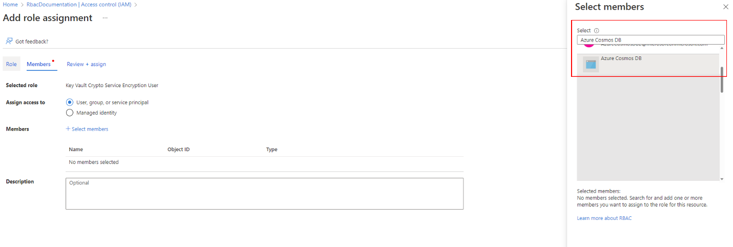 Screenshot of the Azure Cosmos DB principal being assigned to a permission.