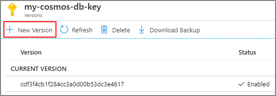 Screenshot of the New Version option in the Versions page of the Azure portal.