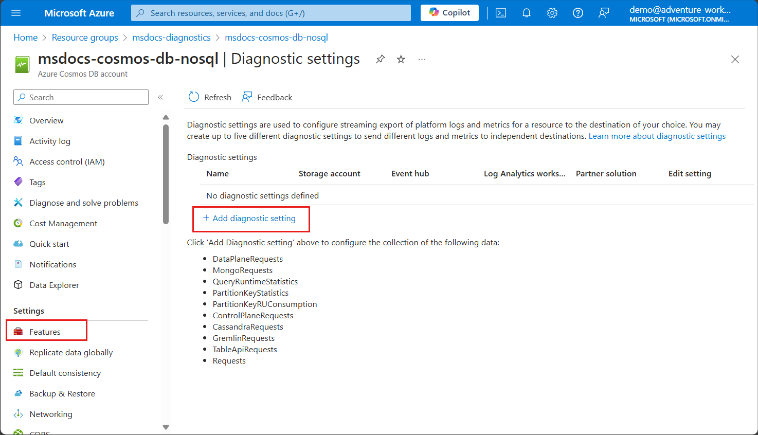 Screenshot of the list of diagnostic settings with options to create new ones or edit existing ones.