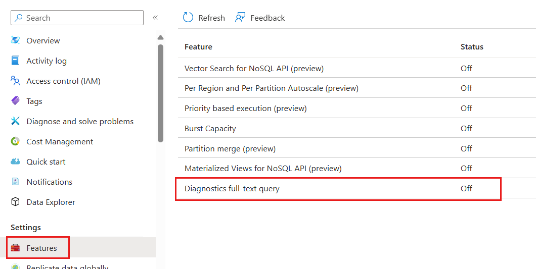 Screenshot of the available features for an Azure Cosmos DB account.