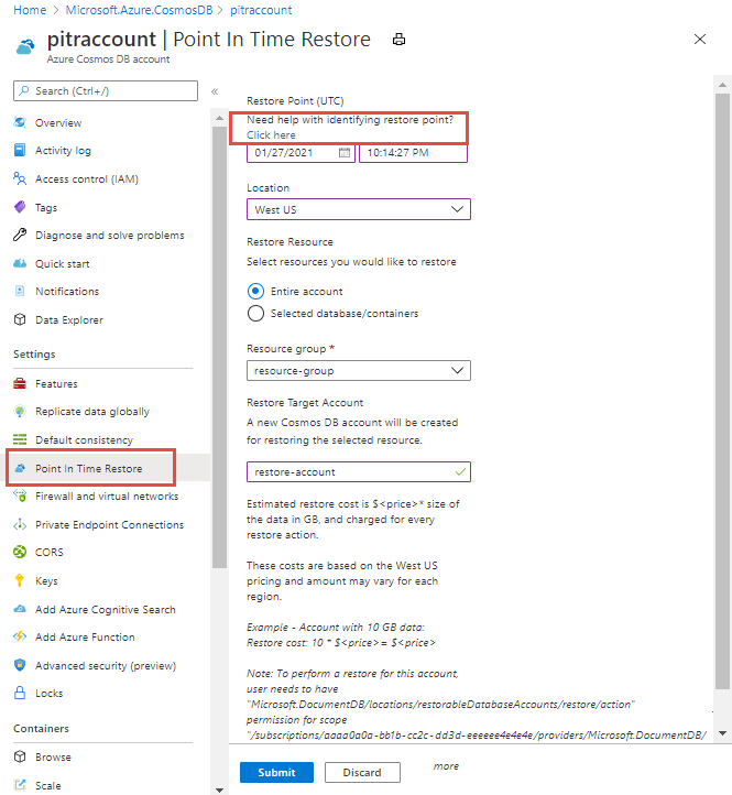 Restore a live account from accidental modification Azure portal.