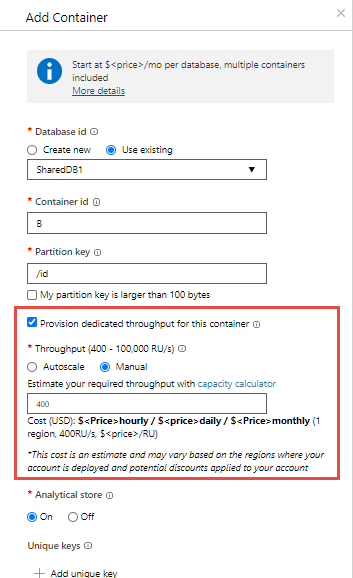 Screenshot of the Add container dialog box to set the throughput at the container-level.