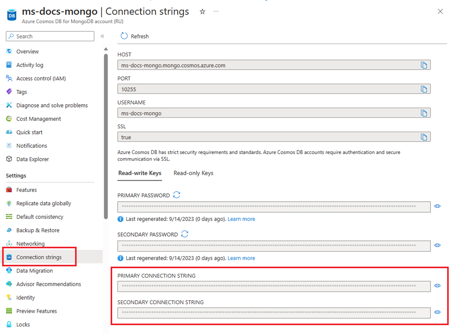 Screenshot of Keys page with various credentials for an Azure Cosmos DB for MongoDB account.