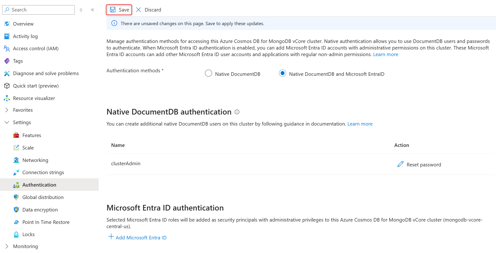 Screenshot that shows the location of Save button for confirmation of the authentication method changes on an existing cluster.
