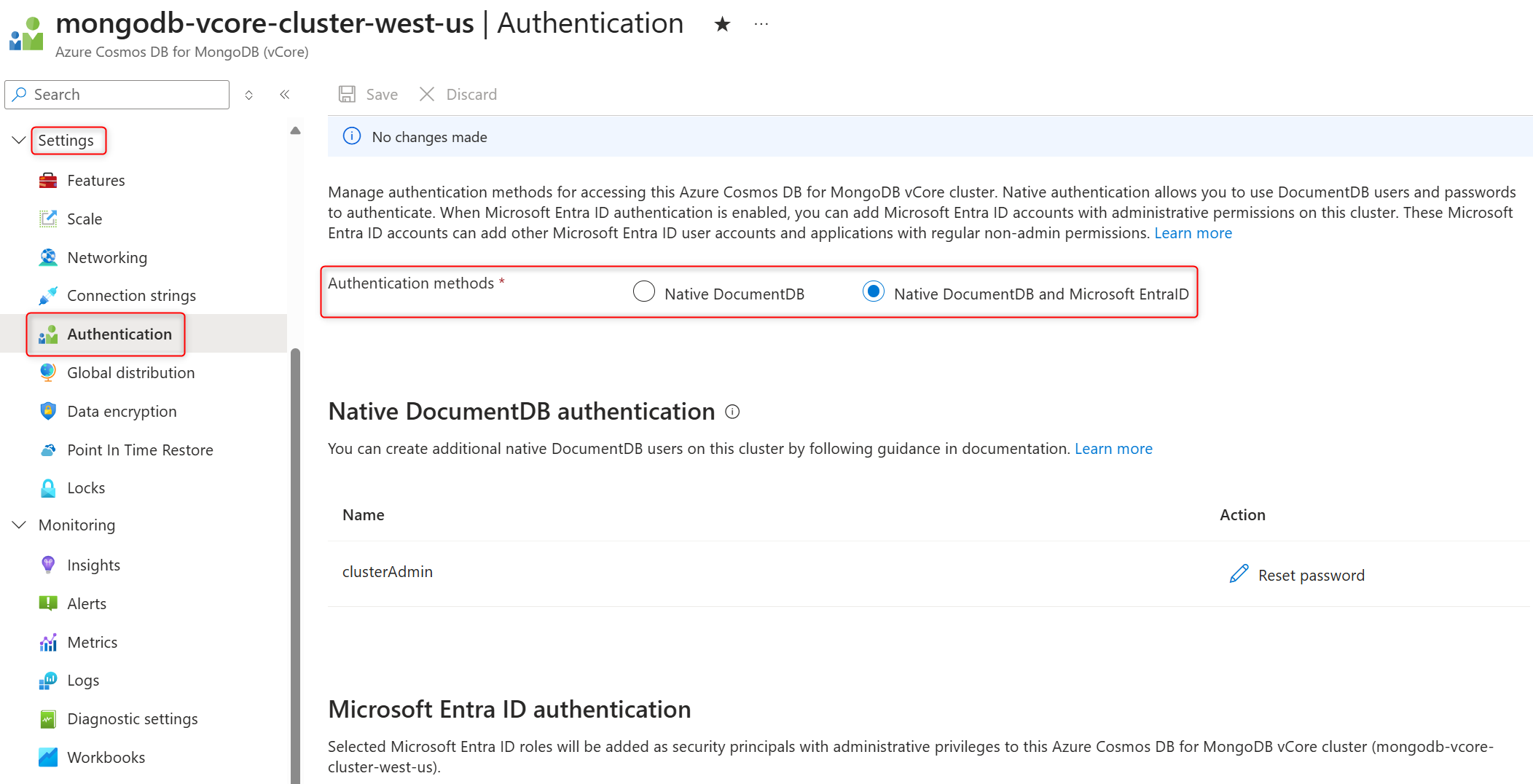 Screenshot that shows how view authentication methods currently enabled on the cluster.