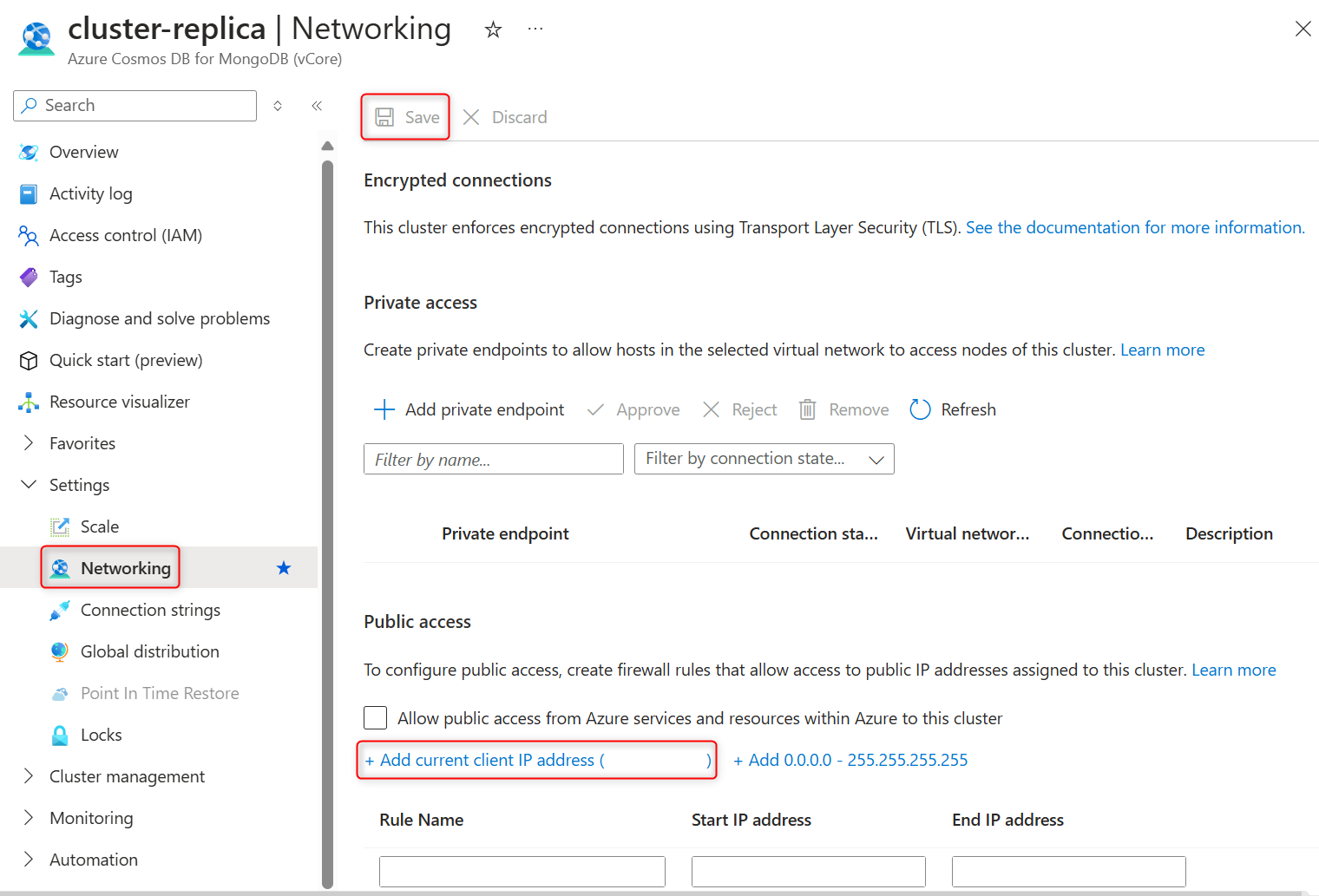 Screenshot of the networking page on replica cluster.