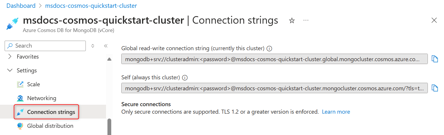 Screenshot of the connection strings page in the cluster properties.