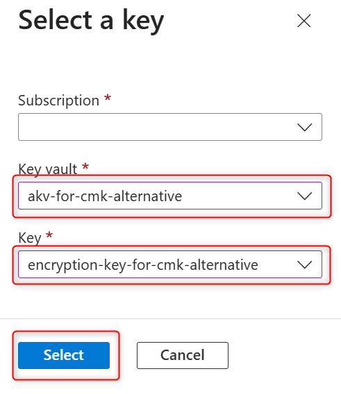 Screenshot that shows how to select new key vault and encryption key in that key vault to be used as a customer-managed key on an existing cluster.