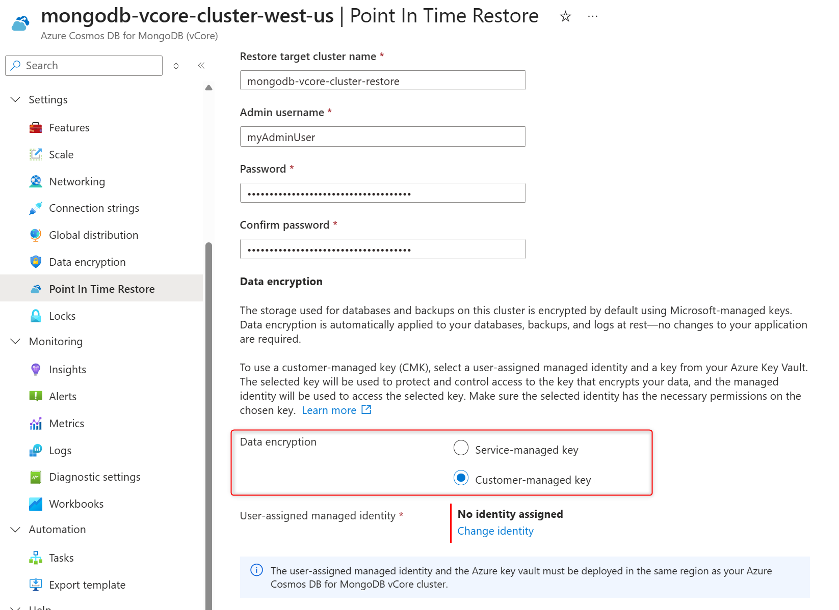 Screenshot that shows how to enable data encryption with customer-managed key for restored cluster.