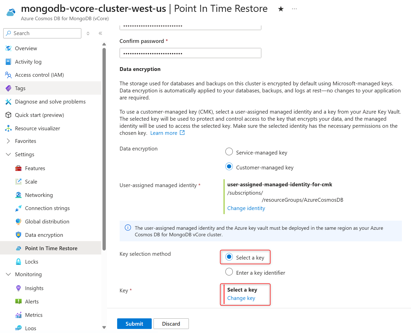 Screenshot that shows how to open the encryption key selection panel during cluster restore.